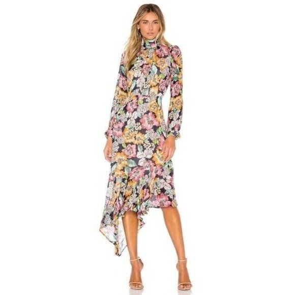 Rachel Pally Birdie Floral High Neck Open Back Asymmetric Midi Dress Womens XS - Picture 1 of 8